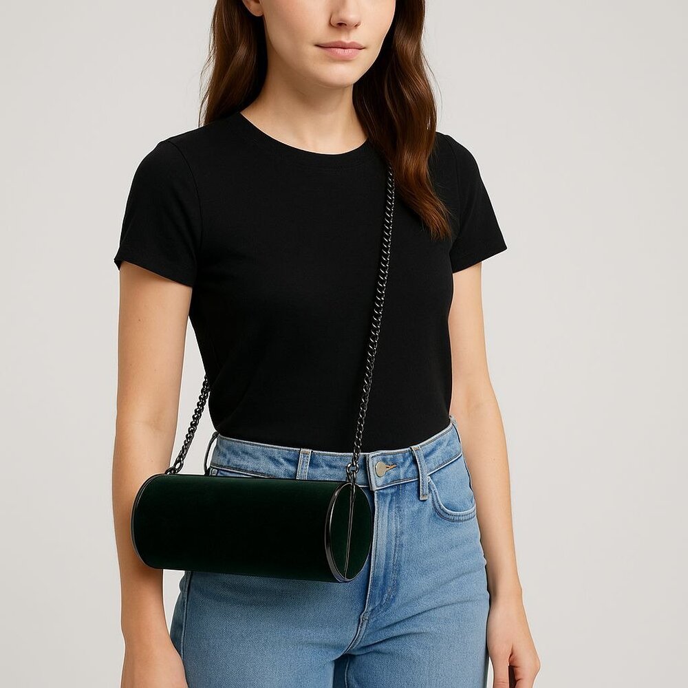 Topshop Velvet Cylinder Evening Bag Crossbody Tube Clutch w/ Chain Strap